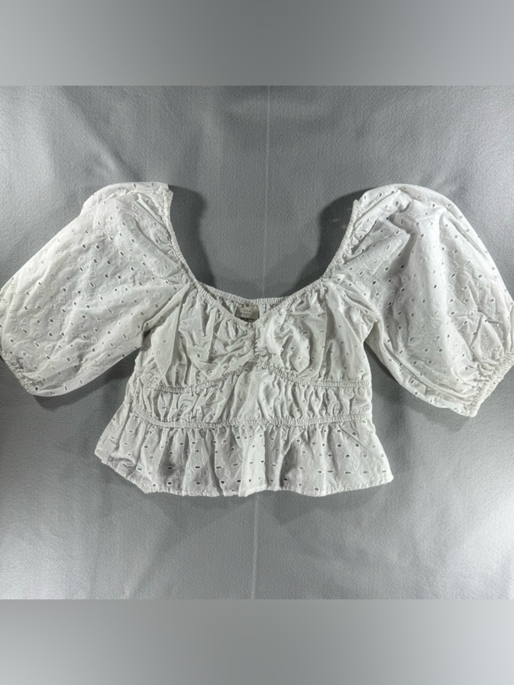 White Eyelet Puff-Sleeve Peplum Top Fairy Cottagecore beach Boho Lace fit flare